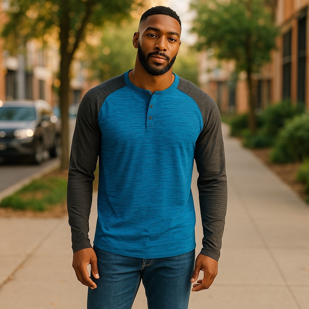 Blue and Black Men's Henley Shirt